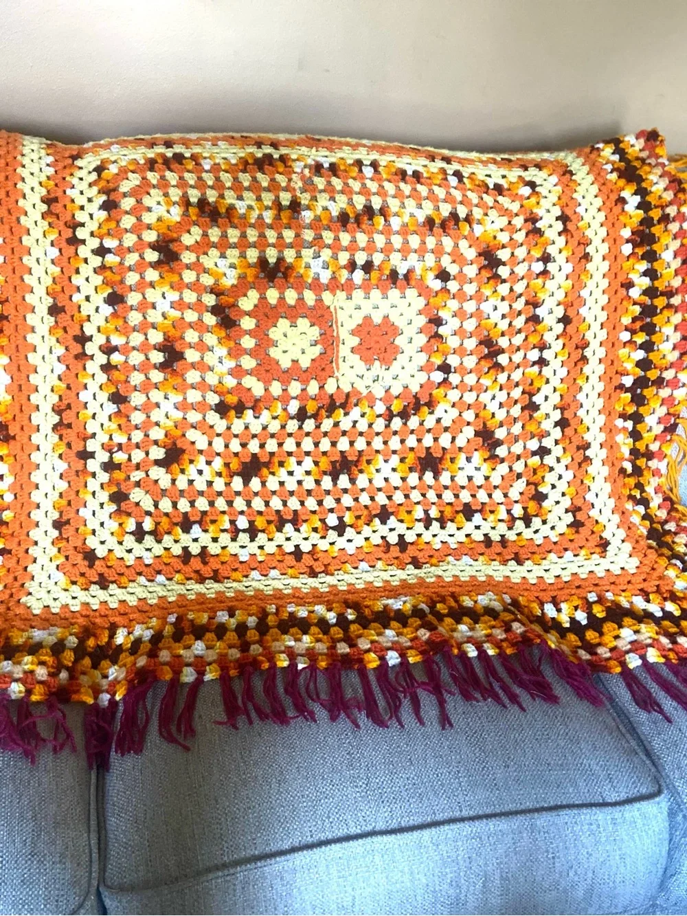 Handmade Multi-Color Crochet Throw Blanket - Orange, Cream & Brown